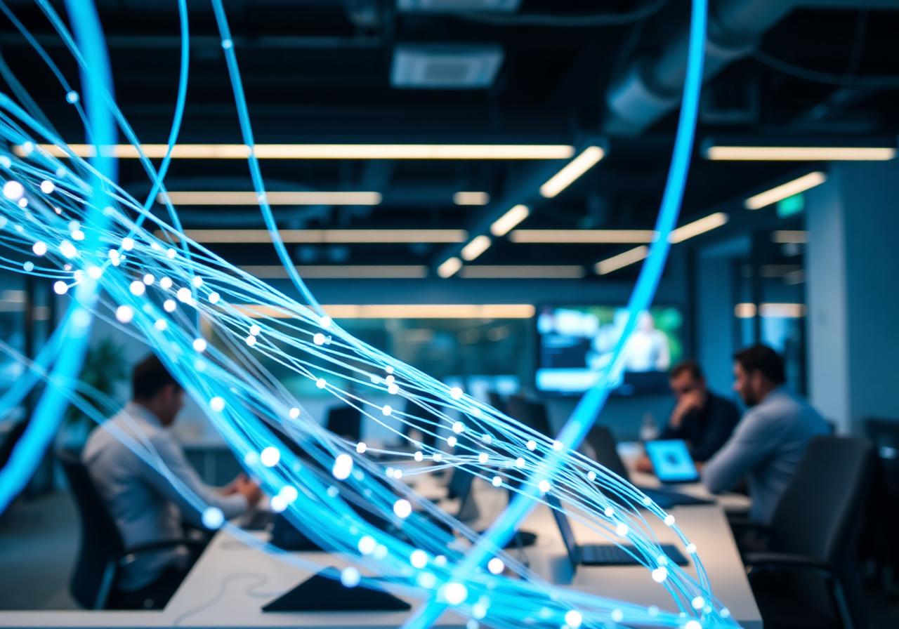 Modern office with glowing fibre broadband connections