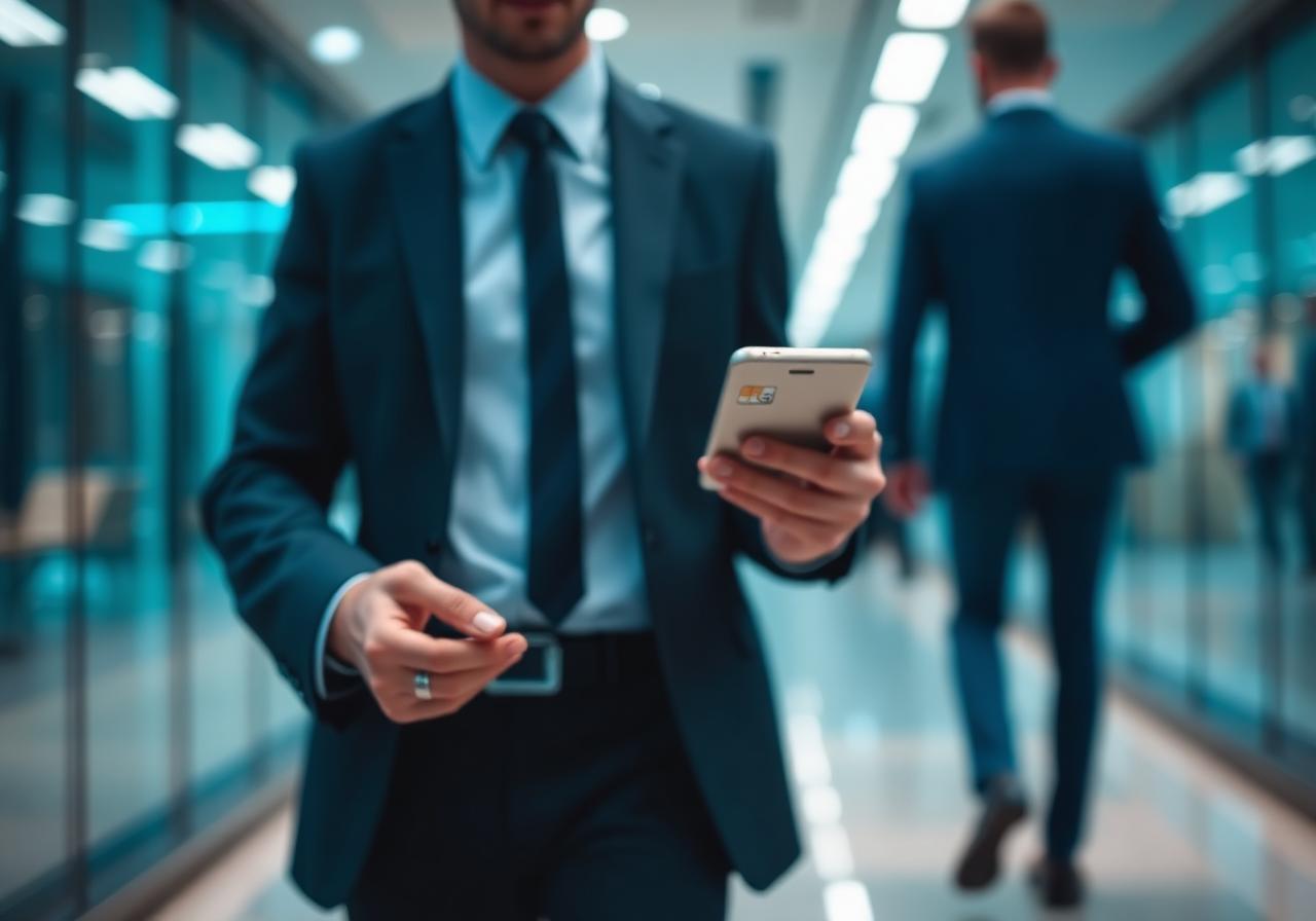 Business professional using a 5G mobile phone with SIM connectivity
