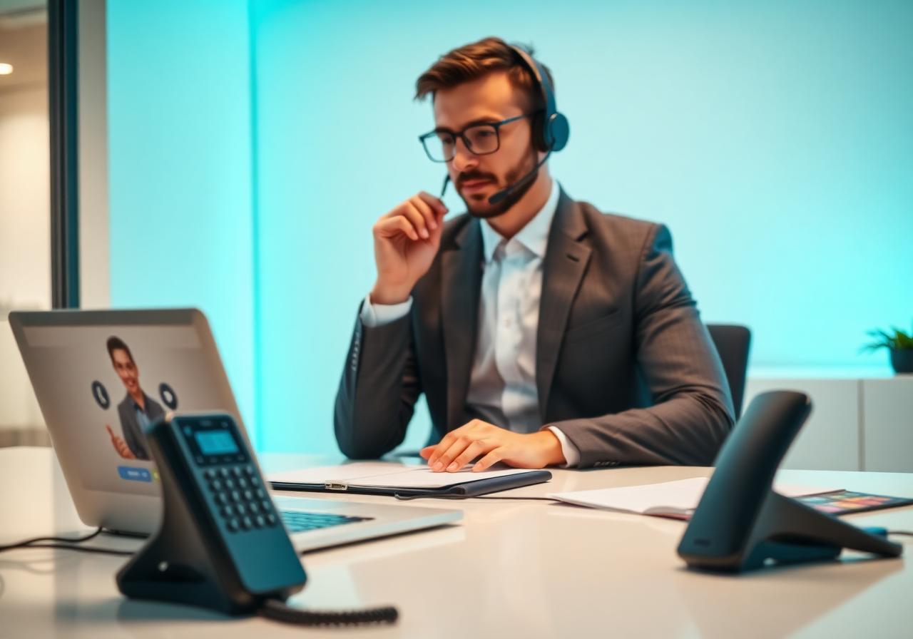 Business professional on a VoIP call with desk phones and video conferencing